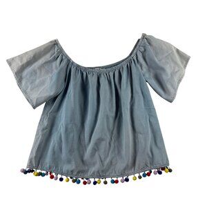 Crave Fame womens L denim tassel Pom Pom top boho rainbow fringe feminine dainty